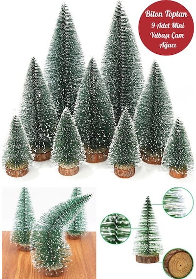 9 Adet Nevada Mini Çam Ağacı Uçlarına Kar Yağmış Karlı Yılbaşı Hediyesi 15-12-8 Cm