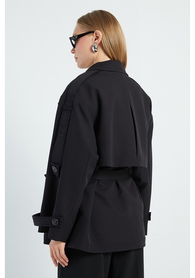 Fullamoda Beli Kemerli Kruvaze Yaka Oversize Trençkot Siyah