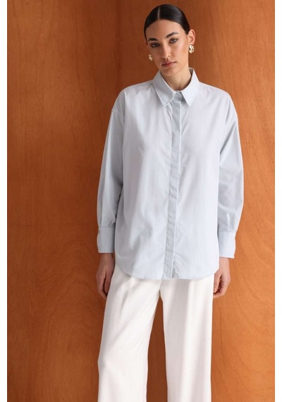 Mizalle Pamuklu Mavi Oversize Gömlek Mavi