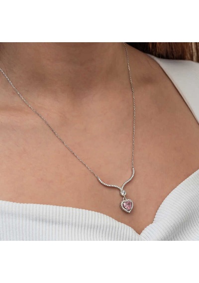 Gümüş Pembe Zirkon Taşlı Kalp Kadın Kolye Çok Renkli