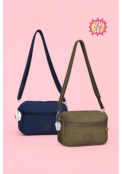 Westbag Kadın Çapraz Askılı Üç Gözlü Fermuarlı Krinkıl Günlük Omuz Çantası 2'li Set Haki - Lacivert