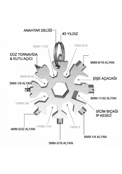 Çok Amaçlı Kar Tanesi Tornavida Seti Taşınabilir Paslanmaz Çelik Cep Aleti & Anahtarlık Gri