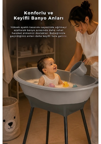 Babyjem Yeni Nesil Elegant Su Tahliyeli Giderli Ayaklı Bebek Küveti Gri