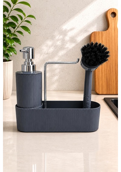 Gri Mutfak Düzenleyici Sabunluk Ve Fırçalık Seti Lavabo Üstü Organizer
