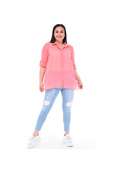 Hanezza Büyük Beden Desenli Viskon Tunik Gömlek Pembe - 243707626 Pembe