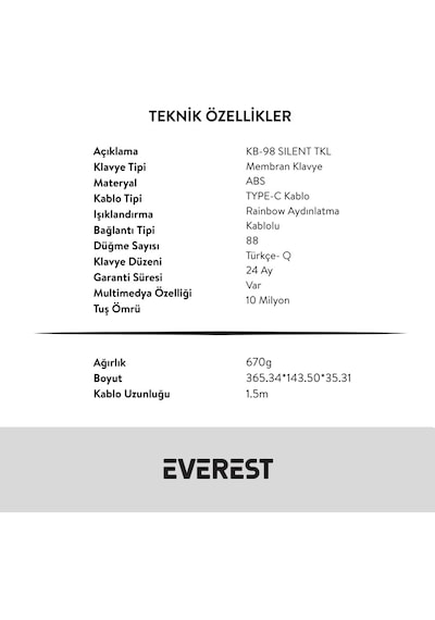 Everest Kb-98 Sılent Tkl Gri Mavi/beyaz Rainbow Q Membrane Klavye