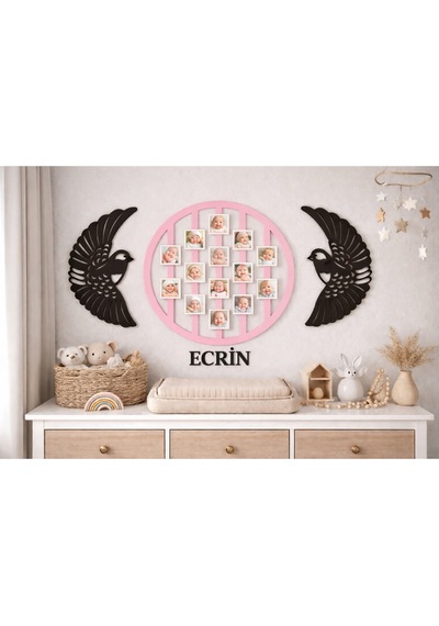 Yuvarlak 14lü Resim Çerçevesi Kişiye Özel Çerçeve 50 Cm Kuşlar 30 Cm Dir.no 4