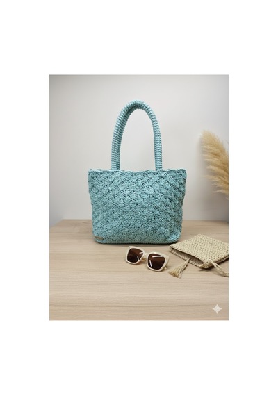 Execanta Omuz Çanta Kağıt İp Örme Su Yeşili 34x25x20 Yeşil