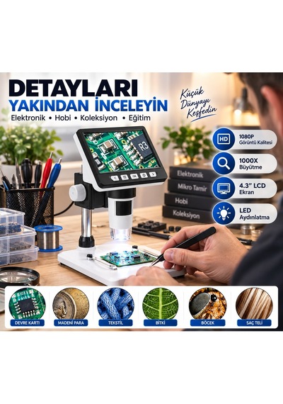 Luve Store 1000x Dijital Mikroskop 4.3 İnç Lcd Ekran 1080p Led Işıklı Usb Bağlantılı Masaüstü Mikroskop