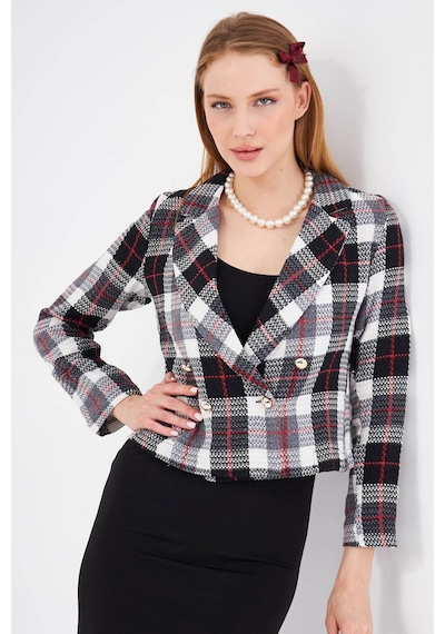 Armonika Kadın Kırmızı-siyah Kruvaze Yaka Tüvit Crop Ceket Arm-24k001014