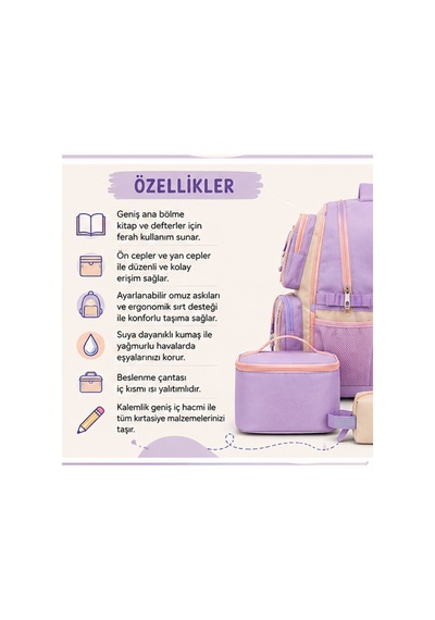 Peluş Oyuncak Detaylı 3'lü İlkokul Çanta Seti - Çok Bölmeli Su İtici Okula Dönüş İlkokul Mor