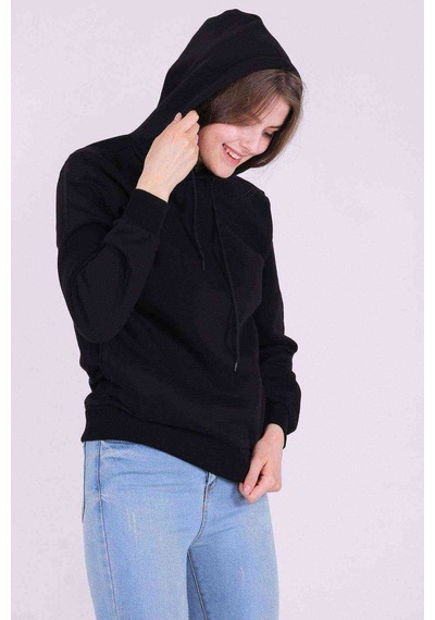 Siyah Basic Oversize Kadın Kapüşonlu Hoodie 3 Iplik Sweatshirt