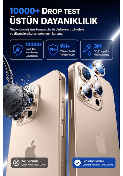 Apple iPhone Uyumlu  14 Pro / 14 Promax Altın Metal Kamera Lens Koruyucu Safir Cam Ultra Net Hd