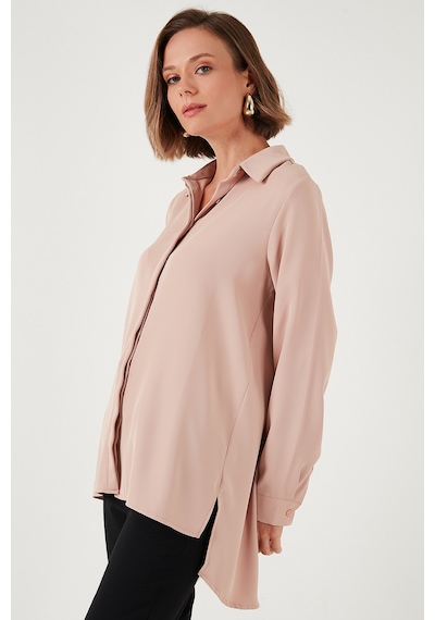 Lela Regular Fit Önü Kısa Arkası Uzun Düz Bayan Gömlek 611Go020 Vizon