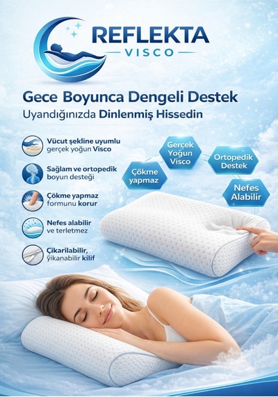Reflekta Sertifikalı Ortapedik Visco Yastık Boyun Destekli Kılıf Ve Çantalı 40 X 60 Cm. Beyaz