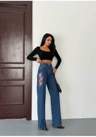 Kadın Nakış Detaylı Wide-leg Jean Kot Pantolon Mavi+koyu