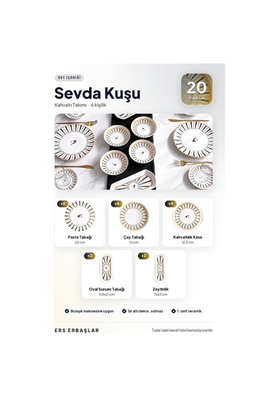 Tr Sevda Kuşu Siyah Yuvarlak 20 Parça 6 Kişilik Lüx Kahvaltı Takımı Seti Diğer