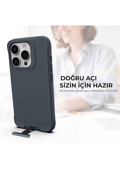 Bix iPhone Uyumlu 14 Pro Max Vortex Magsafe Kılıf Stand Özellikli 3x Korumalı Mikro Fiber İç Yüzey Gri Mavi