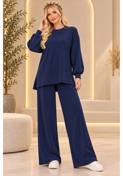 Bul-al Kadın Oversize Bisiklet Yaka Uzun Kollu Tunik Ve Cepli Olmayan Bol Paça Pantolon İkili Takım Lacivert Bul-al Kadın Oversize Bisiklet Yaka Uzun Kollu Tunik Ve Cepli Olmayan Bol Paça Pantolon İkili Takım Lacivert
