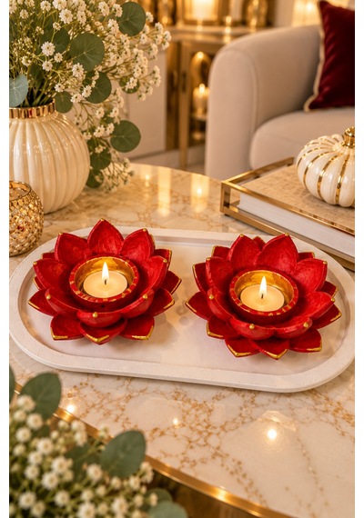 Kırmızı Lotus 2 Li Dekoratif Mumluk Seti Gold Detaylı El Yapımı Kırmızı