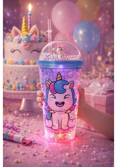 Renkli Boncuklu Sevimli Unicorn Tasarımlı 450 Ml Led Işıklı Pipetli İçecek Bardağı Suluk Mavi 2646