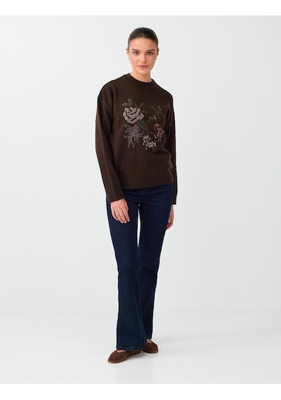 Jimmy Key Acı Kahve Floral Desenli Kroşe Detaylı Triko Kazak 6ww137817803 Kahverengi