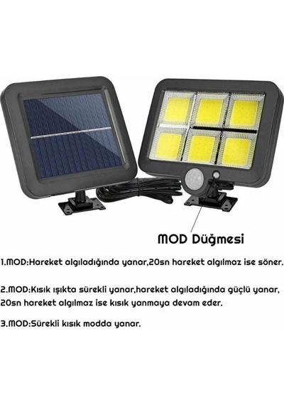 3 Modlu 120 Cob Led Kumandalı Solar Panel Güneş Enerjili Duvar Lambası Bahçe Lambası Çok Renkli
