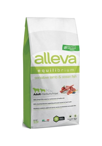 Alleva Sensitive Düşük Tahıllı Kuzu Etli ve Balıklı Medium Maxi Irk Yetişkin Köpek Maması 12 KG