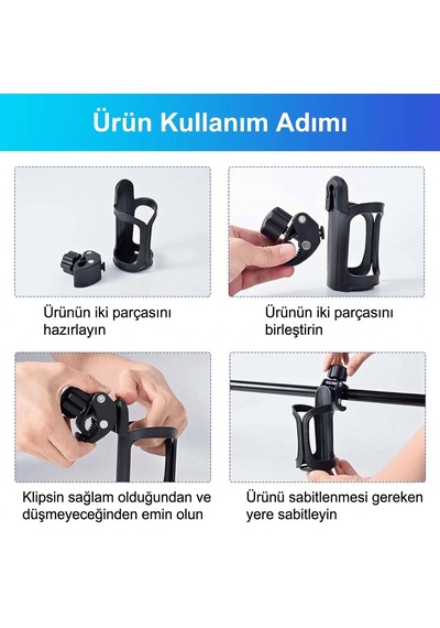 Bisiklet, Motosiklet, Scooter Ve Bebek Arabaları İçin Uygun Olan Evrensel Bardak, Şişe, Suluk Ve Biberon Tutucu Siyah