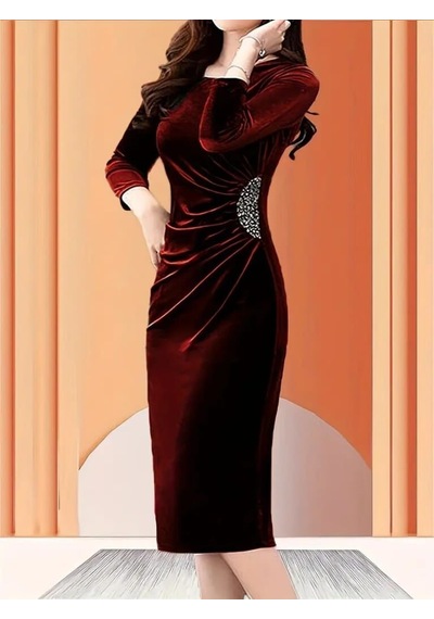 Meridefashion Kadın Uzun Kollu Bot Yaka Yanı Taş Detaylı Midi Kadife Elbise - 46115 S/m - Bordo Çok Renkli Meridefashion Kadın Uzun Kollu Bot Yaka Yanı Taş Detaylı Midi Kadife Elbise - 46115 S/m - Bordo Çok Renkli