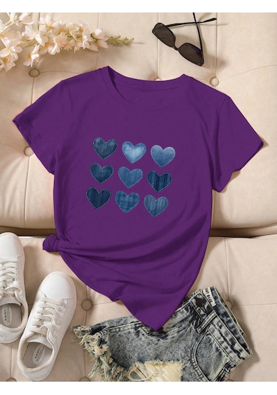 Uyguntarz Unisex Jean Desenli Kalp Tasarım Basklı Tshirt Mor