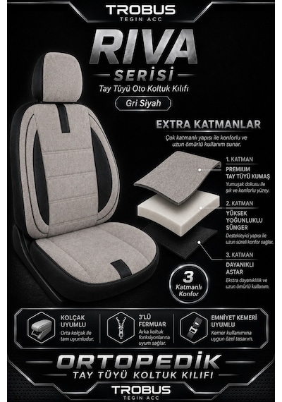 Citroen Berlingo 2004-2018 Uyumlu Riva Serisi 2+1 Ticari Gri Siyah Ortopedik Koltuk Kılıfı