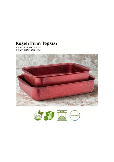2li Granit Köşeli Tepsi Seti - Kırmızı Diğer