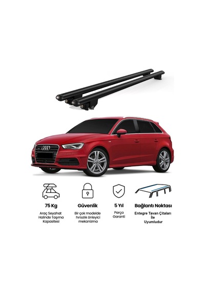 Kanca Audi A3 Sportback 2004-2013 Uyumlu Siyah Kilitli Ara Atkı 120cm Port Bagaj Tavan Barı