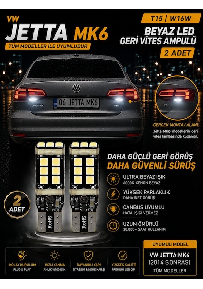 Vw Jetta Mk6 2014 Sonrası Uyumlu T15 W16w Beyaz Led Geri Vites Ampulü Canbus 2 Adet