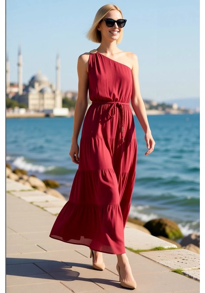 Benerly Kadın Asimetrik Yaka Tek Omuz Maxi Dokuma Elbise %100 Viskoz A-li Vişne