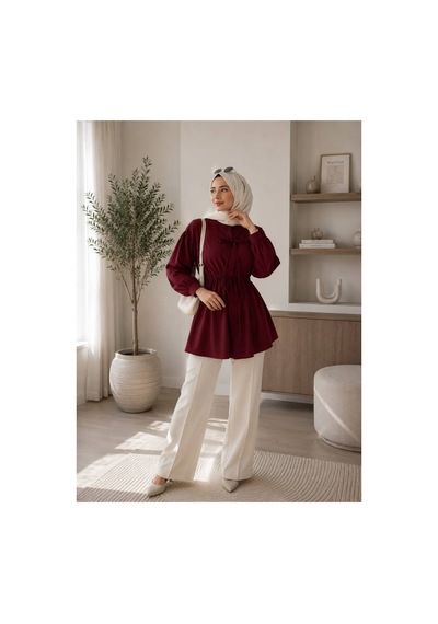 Öners Kadın Büzgü Detaylı Tesetür Gömlek Bordo Bordo