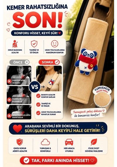 Panda Bej Emniyet Kemeri Aksesuarı - Emniyet Kemeri Kılıfı-araç Emniyet Kemeri Omuz Koruyucu 1 Adet