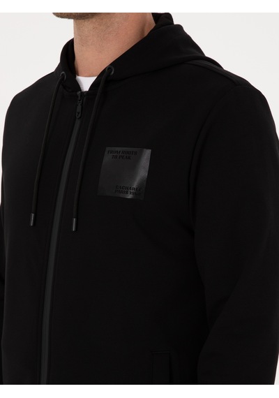 Siyah Regular Fit Pamuk Karışımlı Tam Fermuarlı Kapüşonlu Sweatshirt