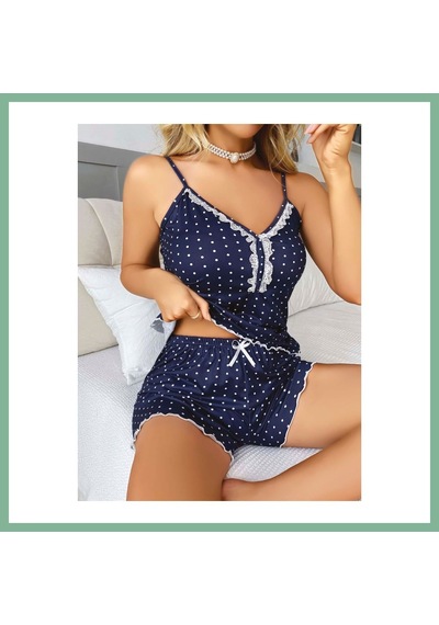 Bşkvirgo Kadın Lacivert Dantel Detaylı Beyaz Noktalı Şortlu Gecelik Pijama Takımı 5049 Beden: L/xl Renk: Lacivert Bsk2026