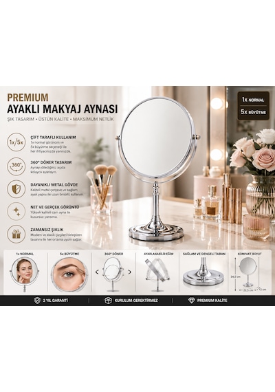 Çift Taraflı Ayaklı Makyaj Aynası 1x + 5x Büyütmeli 360 Döner Krom Metal Masa Aynası