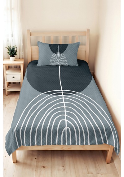Mavi Geometrik Modern Genç Odası Tek Kişilik Pike Takımı - Antrasit 160x220 Cm Kapitone Yatak Örtüsü Keten Ufuk Harmonu