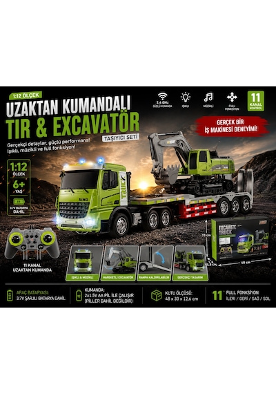 Elektirikli Rc 1:12 Ölçek Uzaktan Kumandalı Tır Ve Excavatör Taşıyıcı Seti Işıklı Müzikli Full Fonksiyon Rc