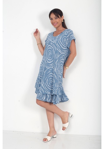 By Saygı Kadın İtalyan Cotton Spiral Desenli Astarlı Kısa Elbise İndigo