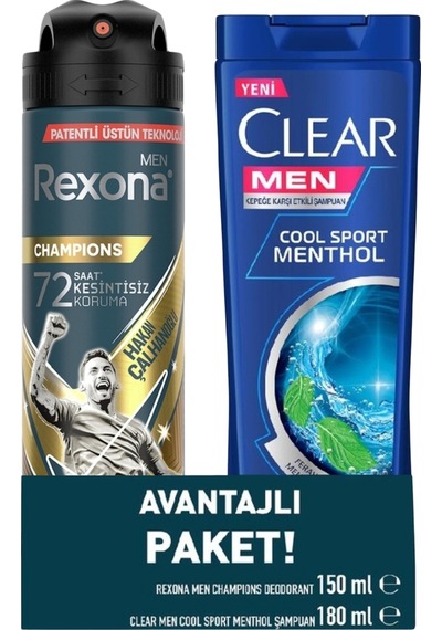 Rexona Champions Erkek Sprey Deodorant 150 ML + Clear Men Cool Sport Menthol Şampuan 180 ML