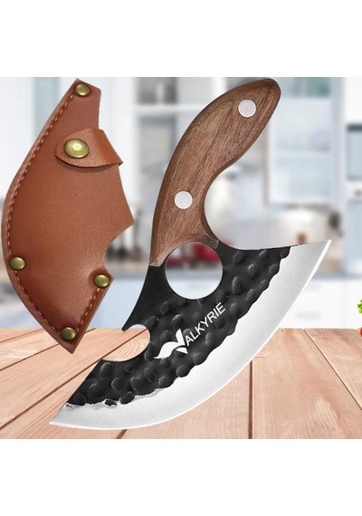 Valkyrie Outdoor Kamp Et Sebze Doğrama Satırı Kılıflı Bıçak Ahşap Saplı Çok Amaçlı Kahverengi