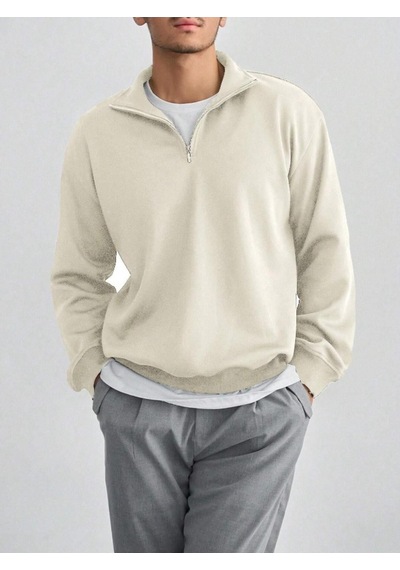 Altamira Erkek Bej Yarım Fermuarlı Oversize Polo Yaka Sweatshirt 001