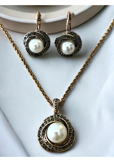 Kristal Taşlı Inci Kolye Ve Küpe Seti Fayra-a8056set Gri