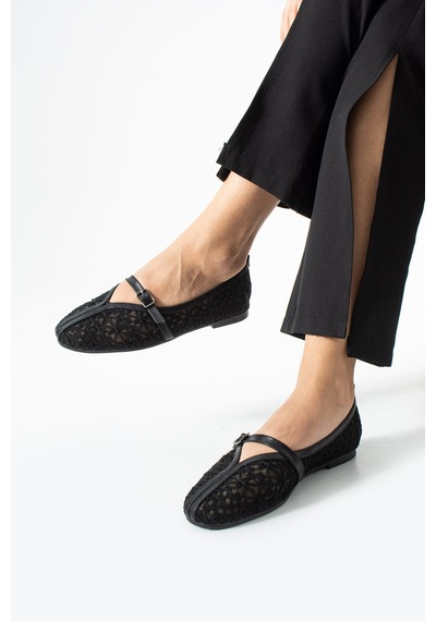 Dabab Shoes Marvena Kadın Siyah Çapraz Bantlı Dantel Detaylı Şeffaf Dokulu Babet