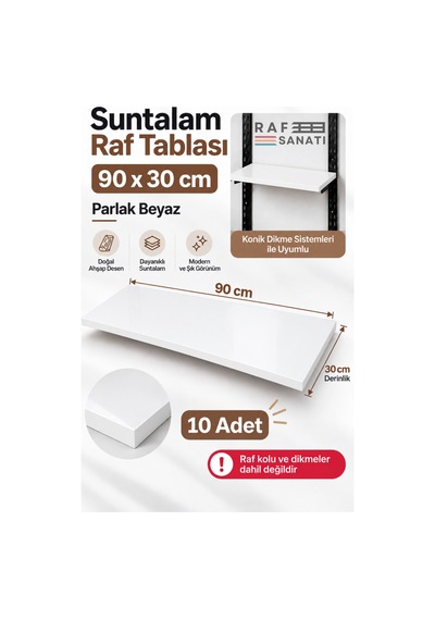 10 Adet - 90x30 Cm Suntalam Mağaza Rafı Beyaz Geniş Ahşap Raf Tablası Konik Dikme Uyumlu